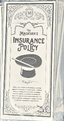 Magician's Insurance Policy card with top hat and wand illustration
