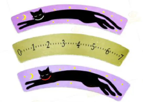 Three curved paper strips with black cat illustrations on a white background
