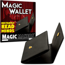 Black magic wallet with gold accents and promotional text for Magic Makers on a white background
