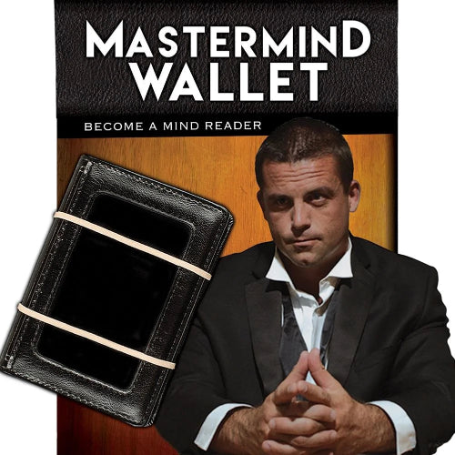 Promotional image of a black wallet with text 'Mastermind Wallet' and 'Become a Mind Reader' featuring a man in a suit.