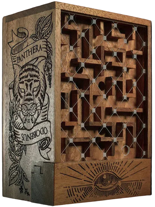 Wooden box with intricate carvings and patterns on a black background