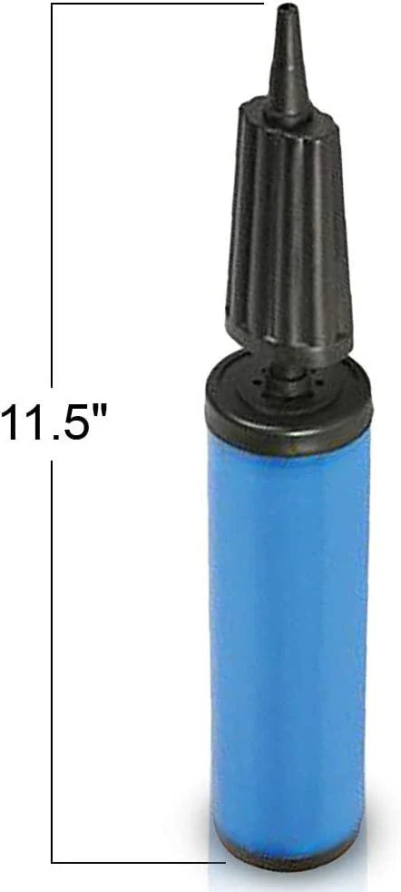 Blue inflatable pump with black top and measurement label on a white background
