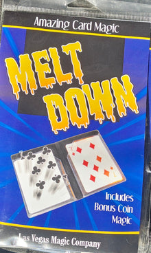 Card trick packaging labeled 'Melt Down' on a textured surface