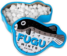 Fugu mints in a fish-shaped container on a white background