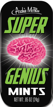 Super Genius Mints packaging with a pink brain illustration on a black background