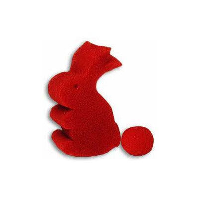 Red plush toy shaped like a rabbit on a white background