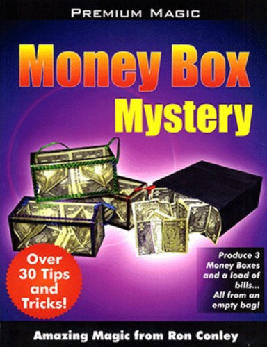Advertisement for 'Money Box Mystery' magic trick with colorful text and images of money boxes on a purple background.