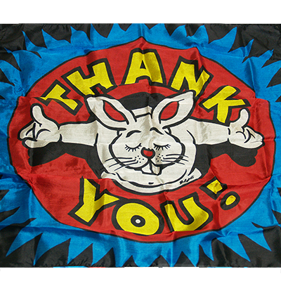 Decorative pillow with cartoon rabbit and 'Thank You' text on a colorful background