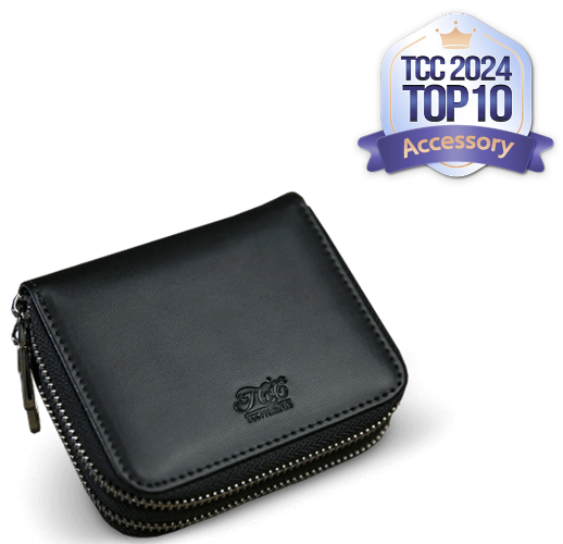Black wallet with a brand logo on a white background, featuring TCC 2024 Top 10 Accessory badge.
