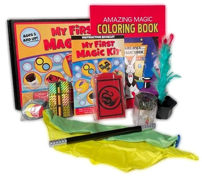 My First Magic Kit with coloring book, gloves, and other accessories on a white background