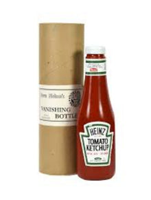 Bottle of Heinz Tomato Ketchup with a cardboard tube on a white background
