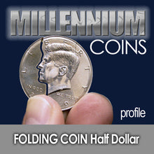 Folding coin half dollar held between fingers with 'Millennium Coins' branding.