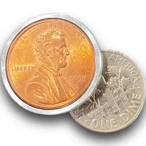 Two coins, one copper-colored and one silver-colored, on a white background.