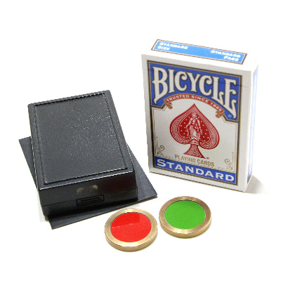 Bicycle playing cards with a black card holder and red and green buttons on a white background