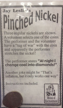 Advertisement for 'Pinched Nickel' magic trick with a penny on a black background