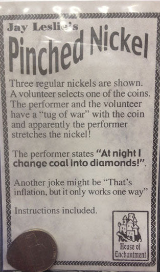 Advertisement for 'Pinched Nickel' magic trick with a penny on a black background