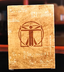 Vintage-style card with mathematical equations and a logo on a brown background