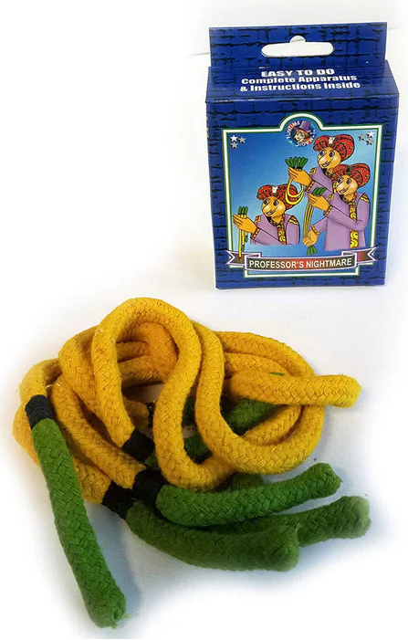 Yellow and green toy ropes with a blue packaging box featuring cartoon characters on a white background