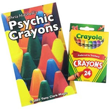 Two packages of crayons: one labeled 'Psychic Crayons' and the other 'Crayola Crayons'.
