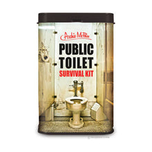 Public Toilet Survival Kit packaging with a vintage-style illustration of a public toilet.
