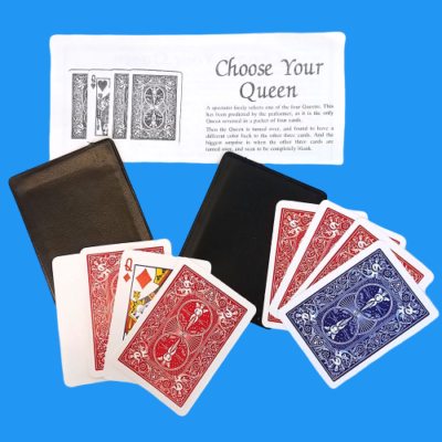 Playing cards with a black case and 'Choose Your Queen' card on a blue background