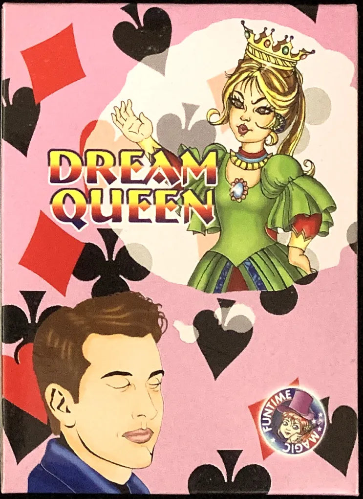 Cover of 'Dream Queen' with a cartoon character and playing card symbols on a pink background