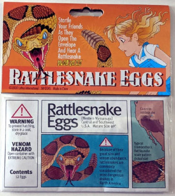 Packaging of Rattlesnake Eggs with snake illustration and text