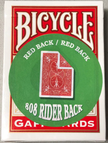 Bicycle playing card box with red and green design on a gray background