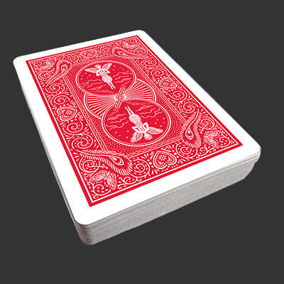 Red playing card with white design on a black background