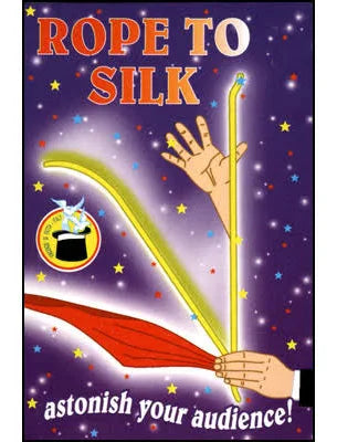 Magical trick poster with 'Rope to Silk' and hands holding a rope and silk fabric against a starry night sky.