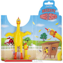 Bendy Rubber Chicken toy with packaging featuring a farm scene