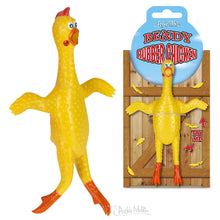 Yellow rubber chicken toy with packaging on a white background