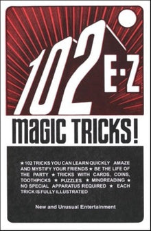 Card with '102 E-Z Magic Tricks!' text and design on a red, white, and black background.