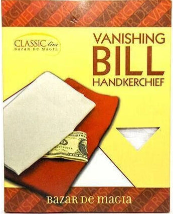 Vanishing Bill handkerchief product packaging with a yellow background and red border.