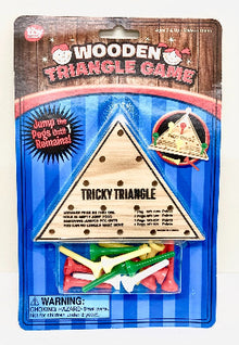 Wooden Triangle Game packaging with colorful pegs on a blue background