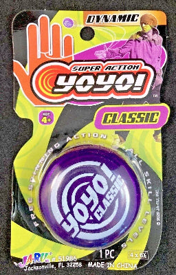 Purple yoyo in packaging with 'Dynamic Super Action Yoyo!' branding on a black background