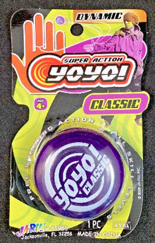 Purple yoyo in packaging with 'Dynamic Super Action Yoyo!' branding on a black background