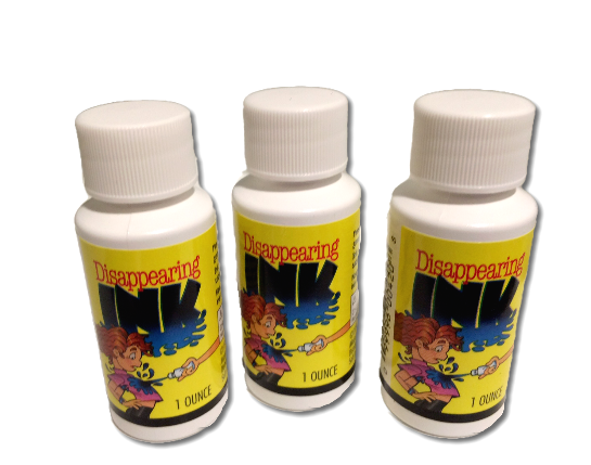 Three bottles of Disappearing Ink with cartoon characters on labels against a white background
