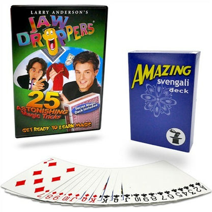 Two card decks with colorful packaging and a spread of cards on a white background