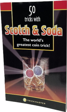 Book cover of '50 Tricks with Scotch & Soda' featuring a glass and coins on a dark background.