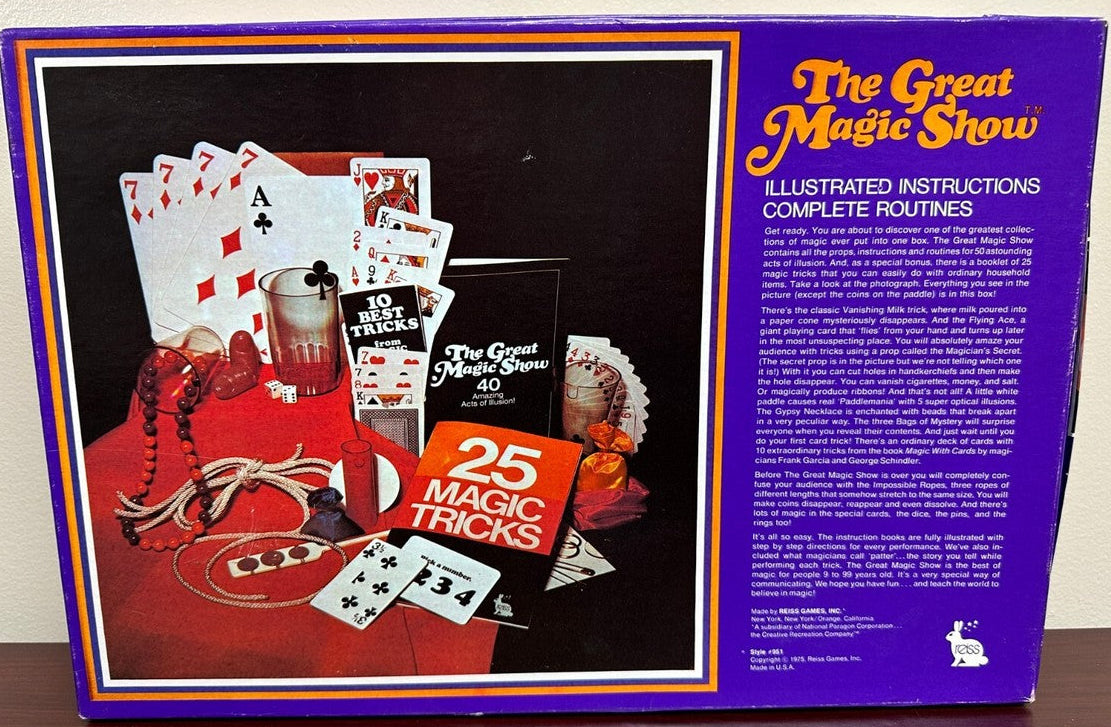 Box of 'The Great Magic Show' with illustrated instructions and magic tricks.