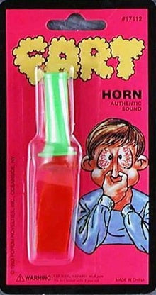 Fart horn on a pink packaging with cartoon illustration of a man and 'Fart' text.