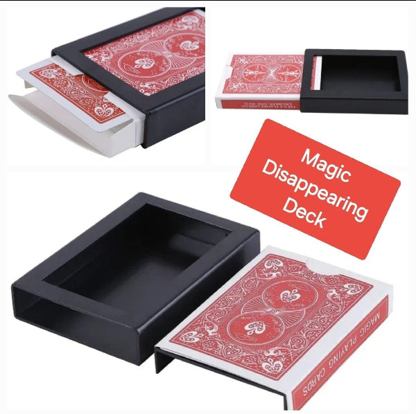 Red playing cards with a black box labeled 'Magic Disappearing Deck' on a white background.