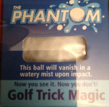 Golf ball packaging with 'The Phantom' branding and text about water-based magic trick.
