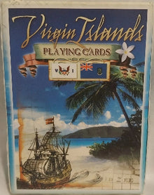 Playing card set packaging with 'Virgin Islands' text and ship illustration on a beige background