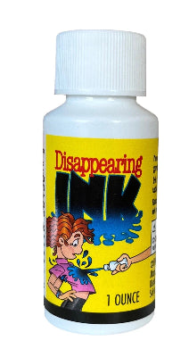 Bottle of Disappearing Ink with cartoon label on a white background