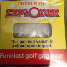 Cloud-Flite Exploder golf ball packaging with humorous text on a dark background