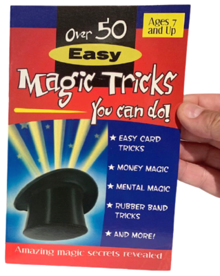 Box of 'Over 50 Easy Magic Tricks You Can Do' with a black top hat illustration.