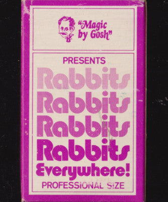 Vintage packaging for 'Rabbits Everywhere!' with pink text and a logo on a black background