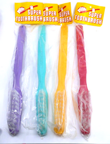Colorful toothbrushes with packaging labeled 'Super Toothbrush' on a white background.